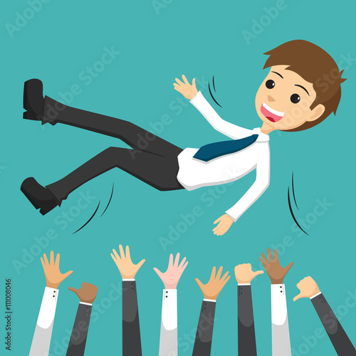 Successful Businessman Being Throwing Up By His Teamwork Or Colleague