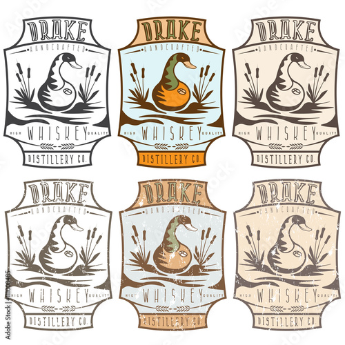 whiskey labels with copper whiskey still in a form of  duck