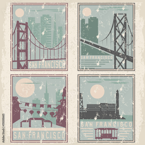 old style grunge vintage retro posters with San Francisco landma