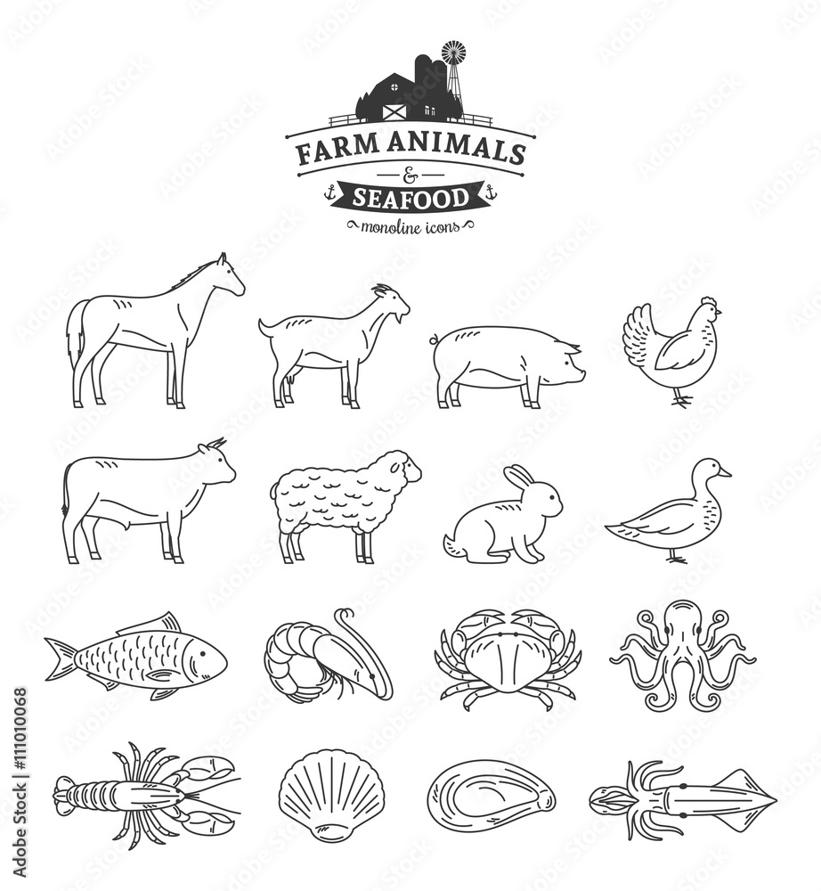 Vector Farm Animals and Seafood Thin Line Icons Collection Vector Farm Animals and Seafood Thin Line Icons Collection