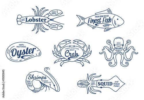 Seafood shop logo. Seafood thin line icons set