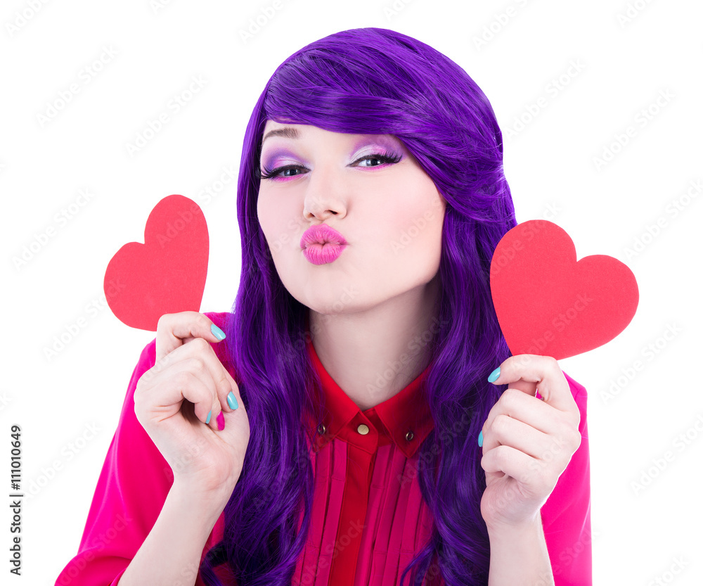 love concept - woman with purple hair holding paper hearts isola love concept - woman with purple hair holding paper hearts isola