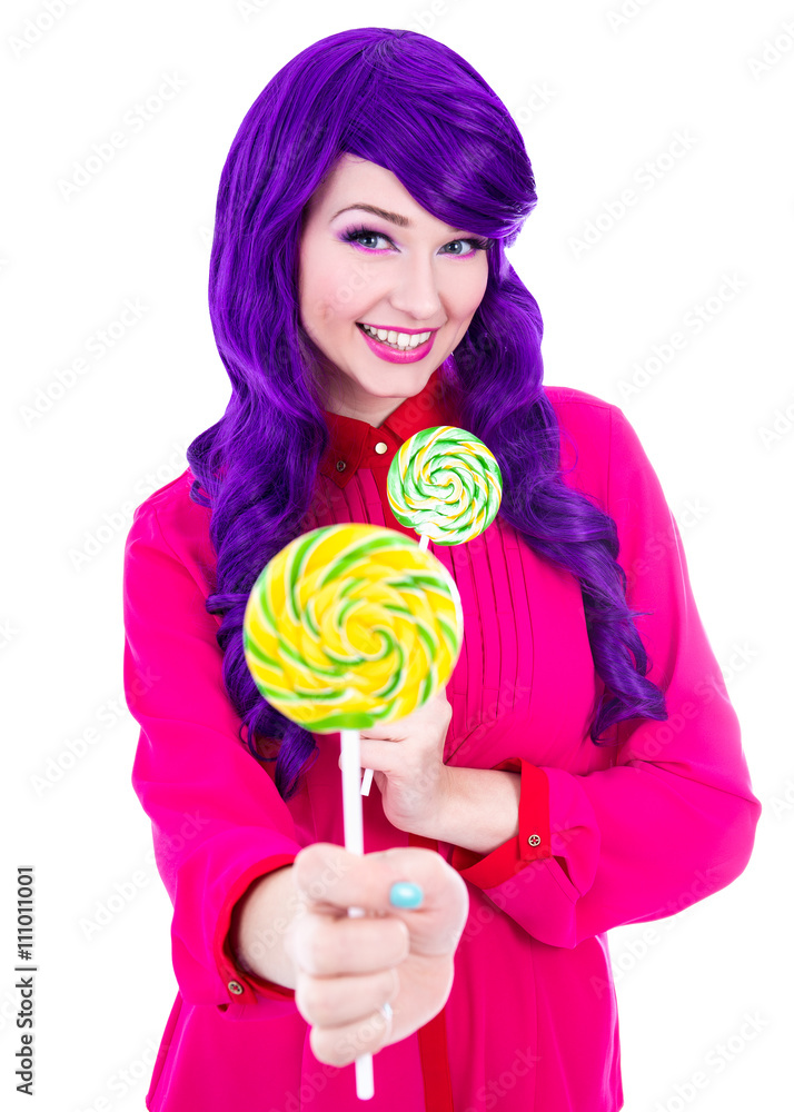 funny woman with purple hair giving colorful lollipop isolated o