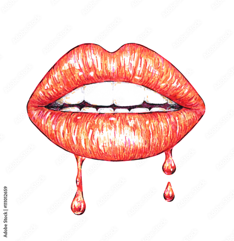 Beautiful sexual lips with white teeth are isolated on a white background. Female lips drawing. Handwork. Thaw from pleasure Beautiful sexual lips with white teeth are isolated on a white background. Female lips drawing. Handwork. Thaw from pleasure