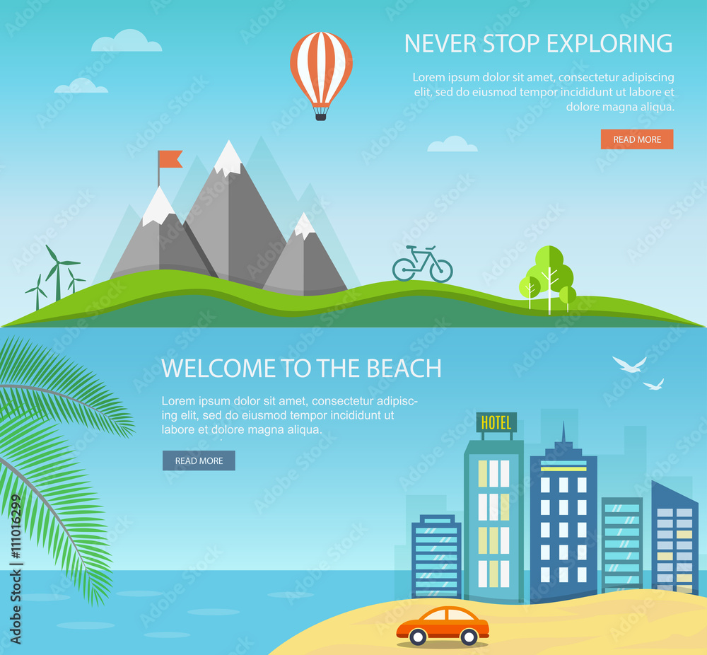 Vacation and travel banner set with mountains and urban landscap