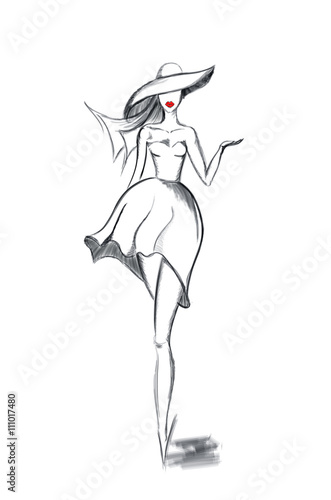 The Silhouette of  fashion girl. Light Sketch. She points to something  
