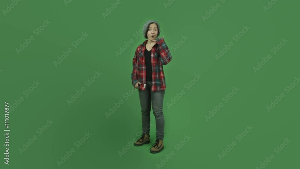 caucasian casual girl isolated on green screen with call me hand sign caucasian casual girl isolated on green screen with call me hand sign