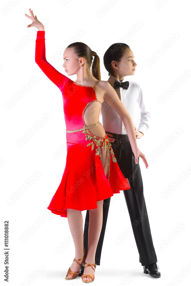Boy and girl or beautiful couple in the active ballroom dance on white background Boy and girl or beautiful couple in the active ballroom dance on white background