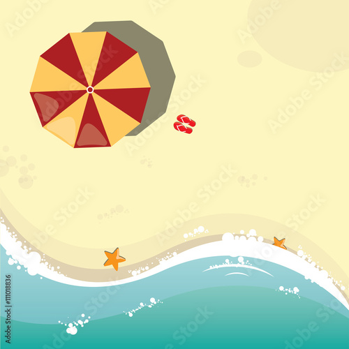 Summer beach and ocean in flat design, sea side and beach items, vector illustration