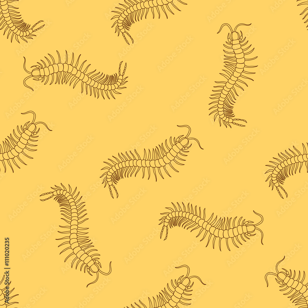 Seamless pattern with Centipede or Millipede on the textured yellow background
