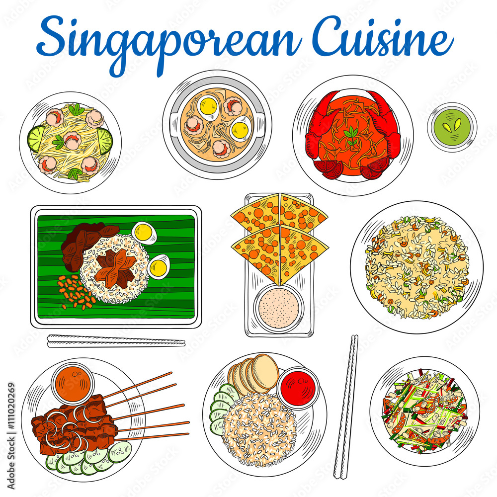 Fotografie National dishes of singaporean cuisine sketch icon