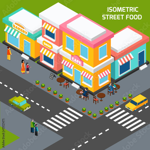 City Street Food Cafe Isometric Poster 