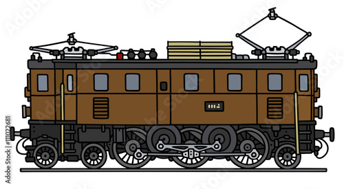 Old brown electric locomotive / Hand drawing, vector illustration