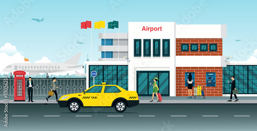 Yellow Taxi passenger in front of the airport.
