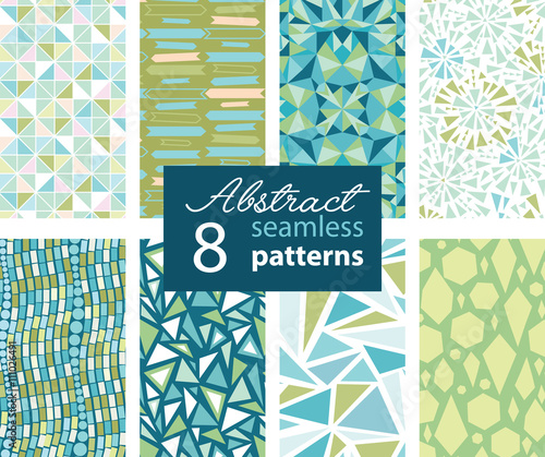 Set Of 8 Vector Abstract Shapes Green Blue Repeat Seamless Patterns With Tria...