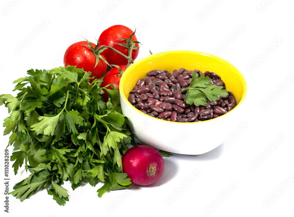 parsley, tomatoes, garden radish and plate with crude haricot