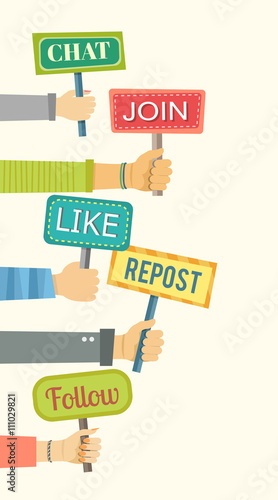 Flat banner of hands holding signs with social activities