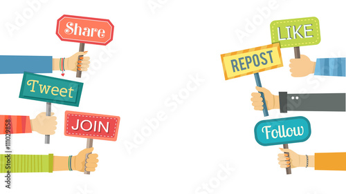 Flat banner of hands holding signs with social activities