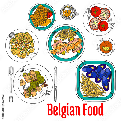 Colorful sketch dishes of native belgian cuisine