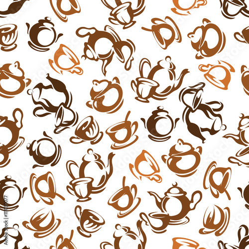 Brown and grey tea set seamless pattern background