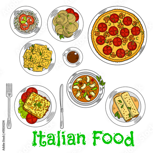 Colored sketch of healthy italian dishes 
