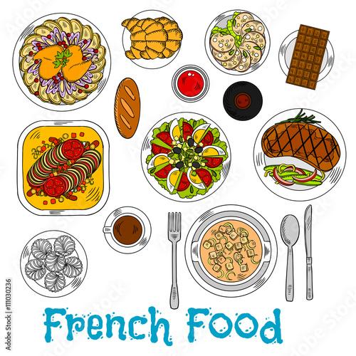 Sketch of worldwide popular french dishes
