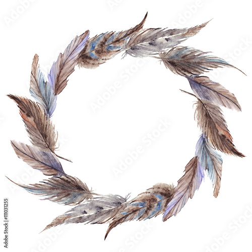 Watercolor brown gray grey feather wreath isolated