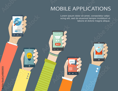 Mobile application concept. Hands holding phones.