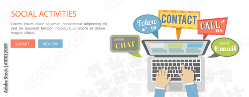 Flat banner of laptop and signs with social activities