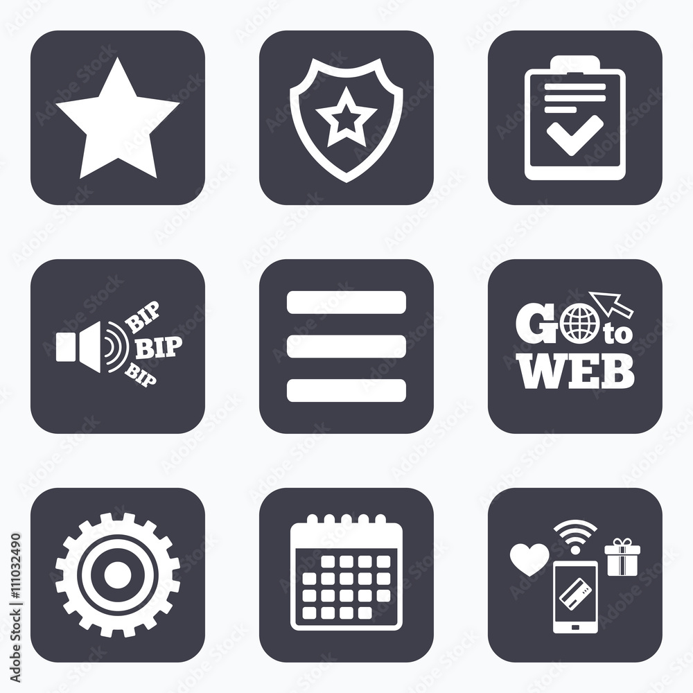 Star and menu list signs. Checklist, gear. Star and menu list signs. Checklist, gear.