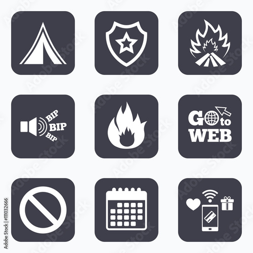 Tourist camping tent sign. Fire flame icons.