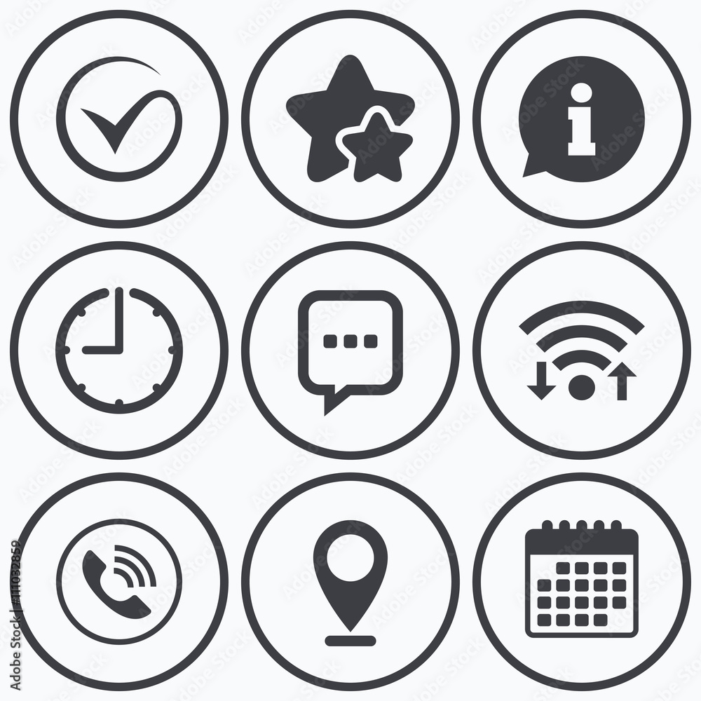 Check or Tick. Phone call and Information sign. Check or Tick. Phone call and Information sign.