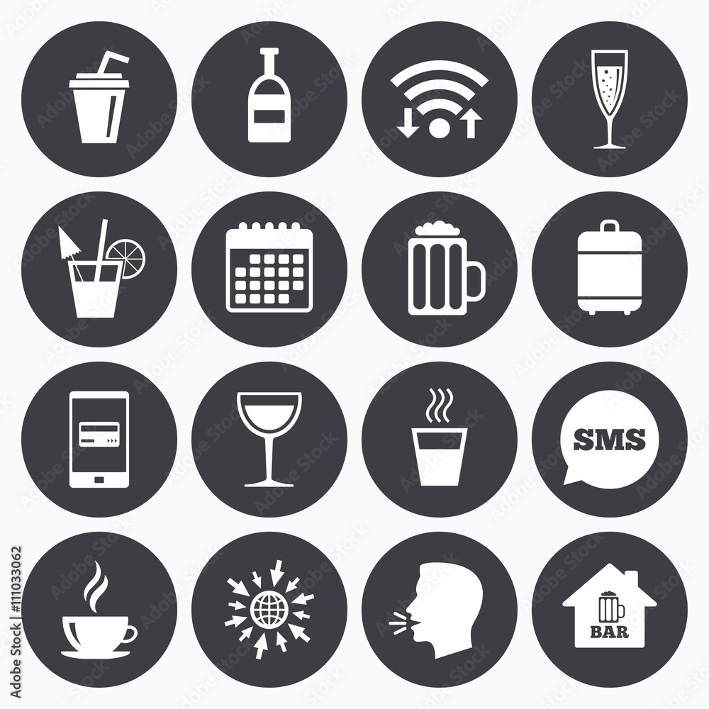 Coffee, tea icons. Alcohol drinks signs. Coffee, tea icons. Alcohol drinks signs.