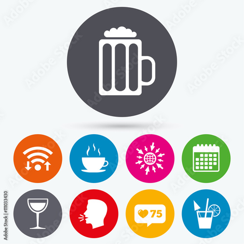 Drinks signs. Coffee cup, glass of beer icons.