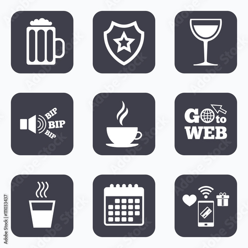 Drinks signs. Coffee cup, glass of beer icons.