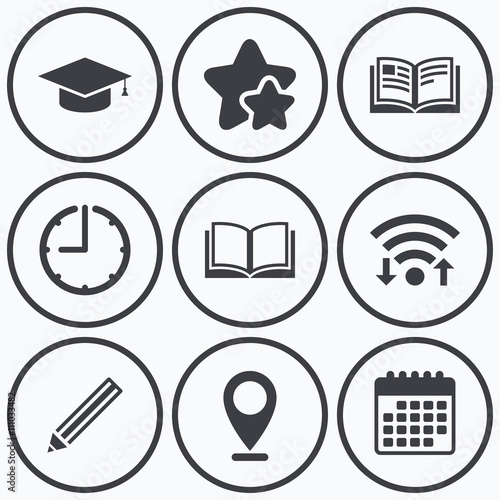 Pencil and open book signs. Graduation cap icon.