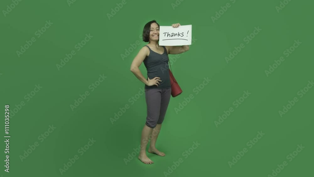 caucasian sporty girl with yoga mat isolated on green screen grateful with thanks sign caucasian sporty girl with yoga mat isolated on green screen grateful with thanks sign