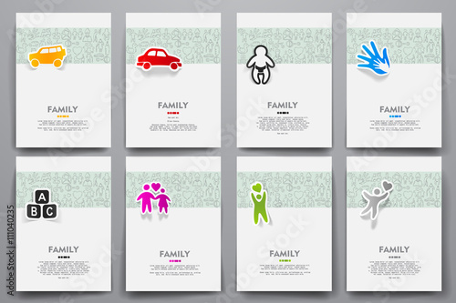 Corporate identity vector templates set with doodles family theme