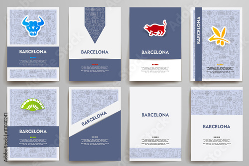 Corporate identity vector templates set with doodles Barcelona theme