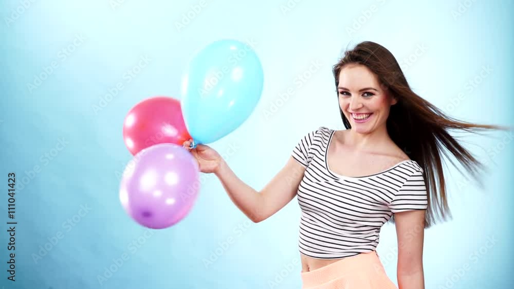 Woman summer joyful girl with colorful balloons 4K Woman summer joyful girl with colorful balloons 4K