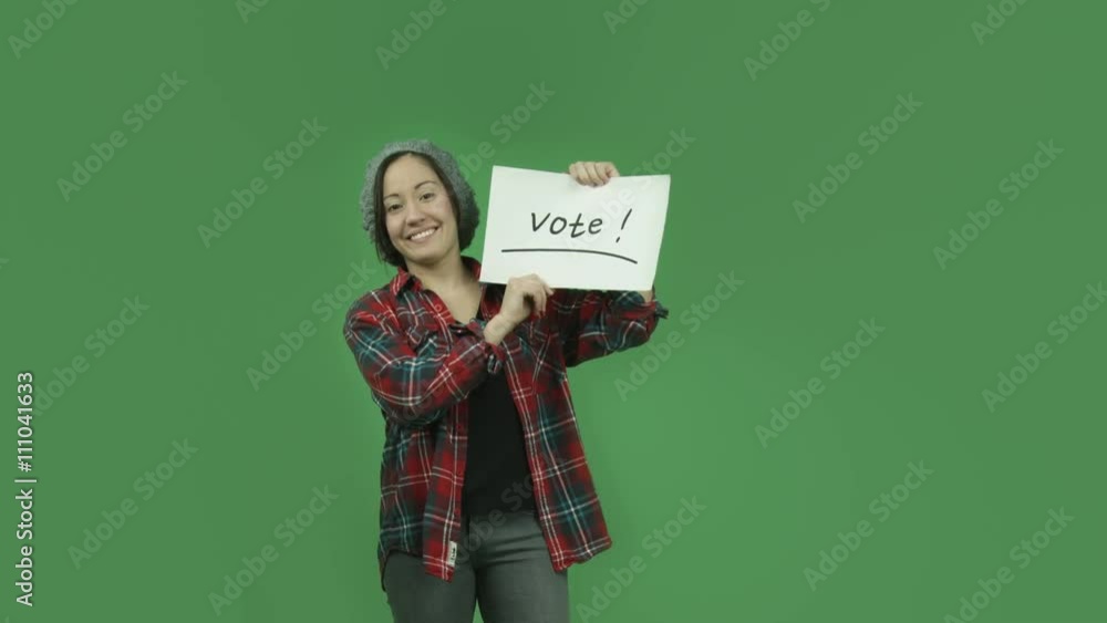caucasian casual girl isolated on green screen with vote sign caucasian casual girl isolated on green screen with vote sign