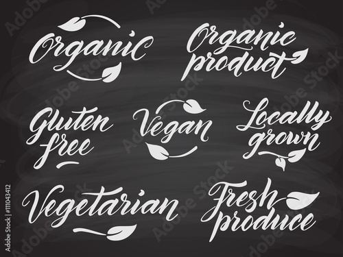 Hand drawn healthy food letterings stylized with chalk
