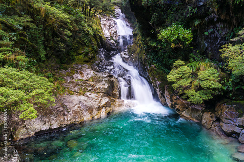 Waterfall in tropical rainforest, New Zealand © Olga K