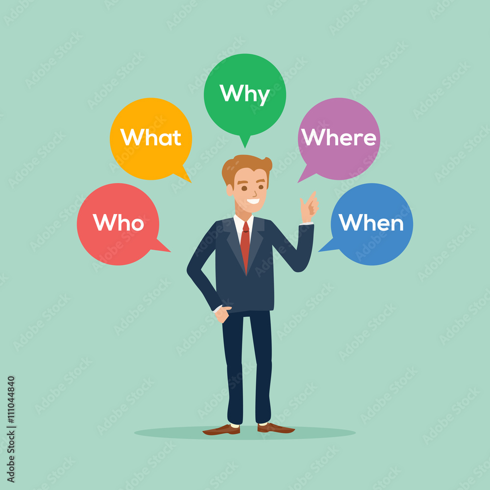 business man standing with various questions who what why where business man standing with various questions who what why where