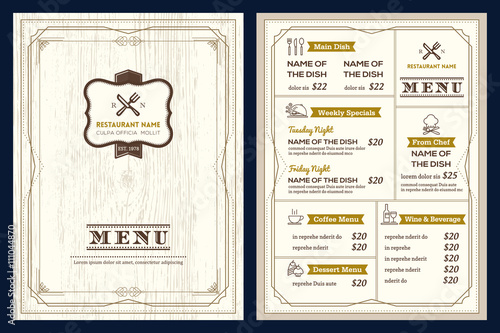 Restaurant or cafe menu design template with vintage retro art deco frame border