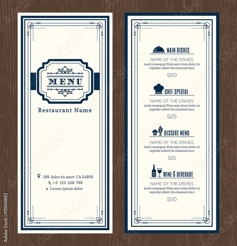 Restaurant or cafe menu design template with vintage retro art deco frame border