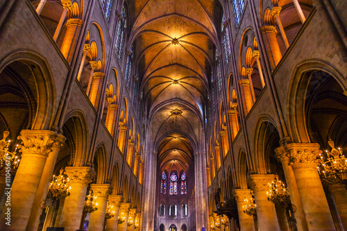 Interior Arches Stained Glass Notre Dame Cathedral Paris France photo