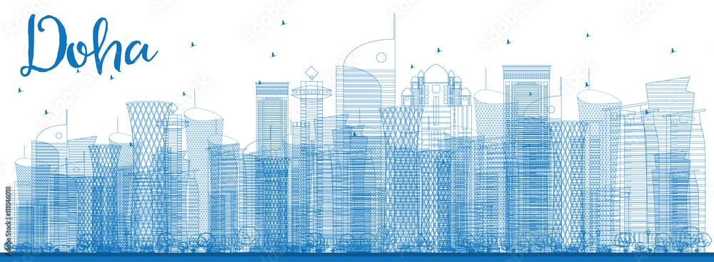 Outline Doha skyline with blue skyscrapers.