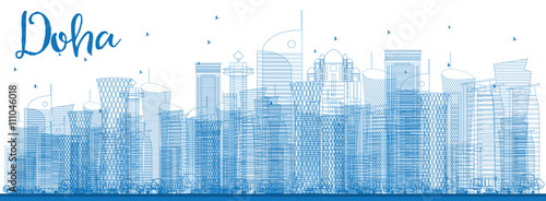 Outline Doha skyline with blue skyscrapers.