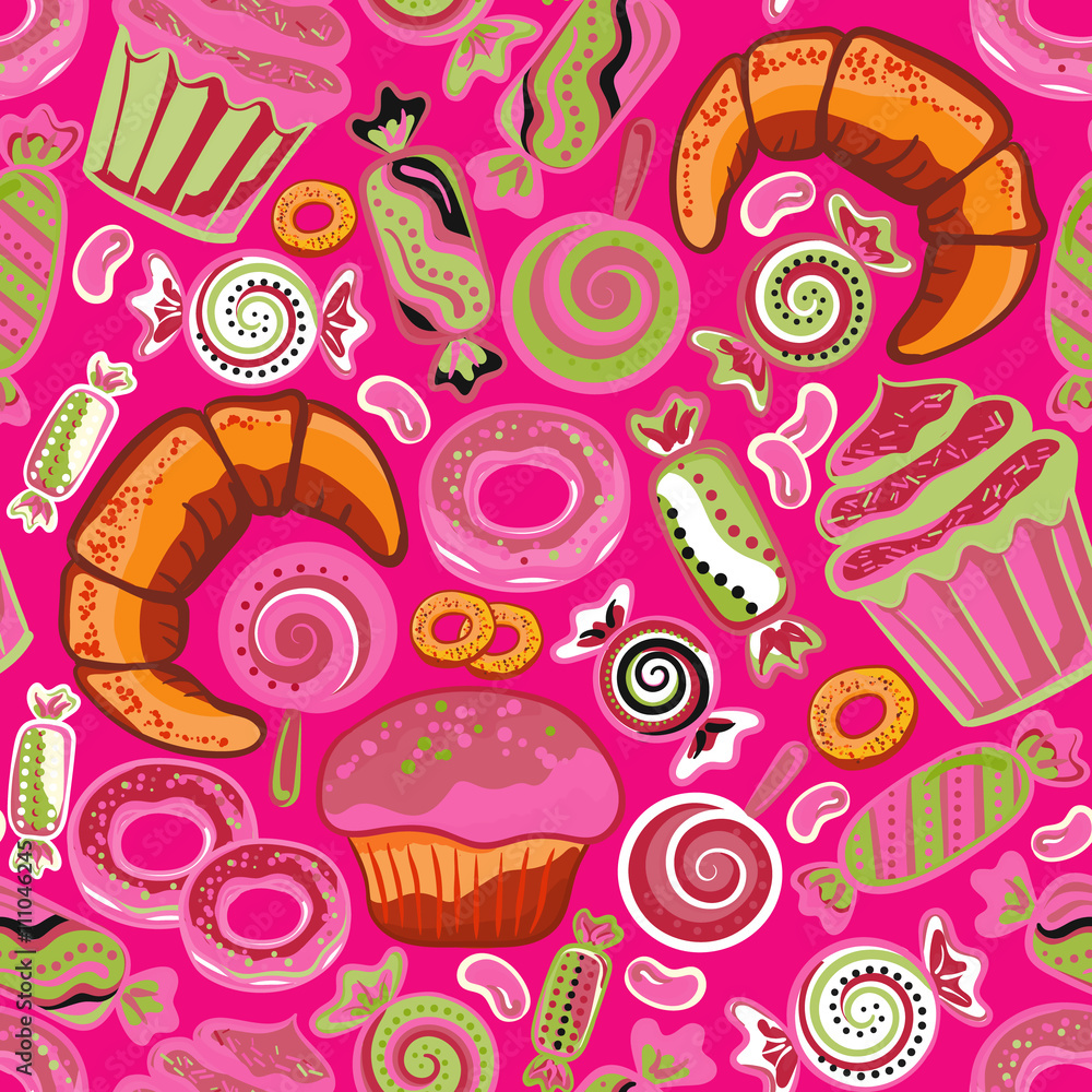 Cute seamless pattern with sweets and desserts: . Doodle style vector. Baked goods, restaurant menu and tea party background.